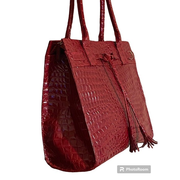 Elizabeth Arden Embossed Alligator Glossy Tassels Large Red Tote Bag Handbag - Picture 11 of 16